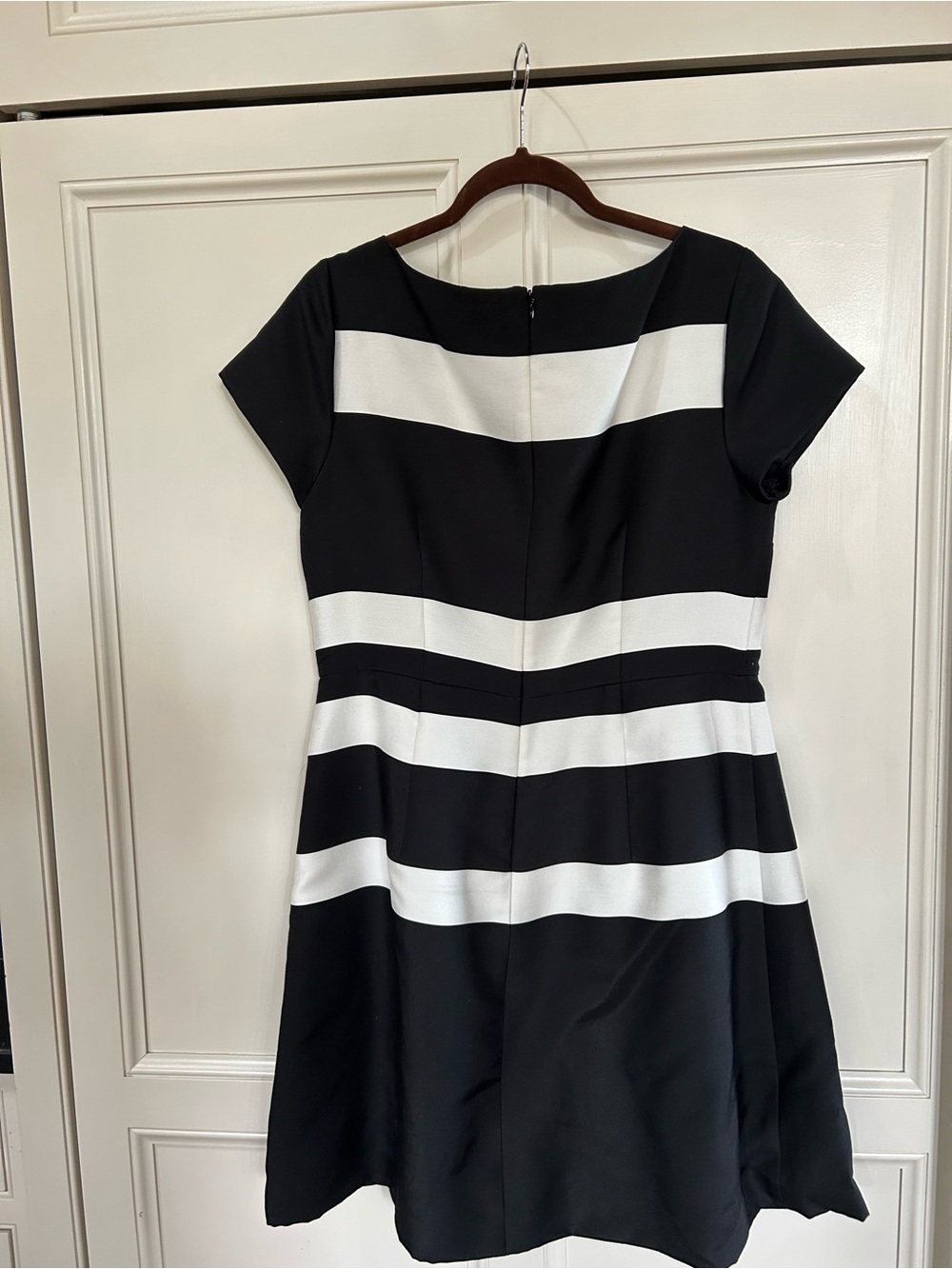 Ann Taylor’s Classic Black & White Striped Fit-and-Flare Dress